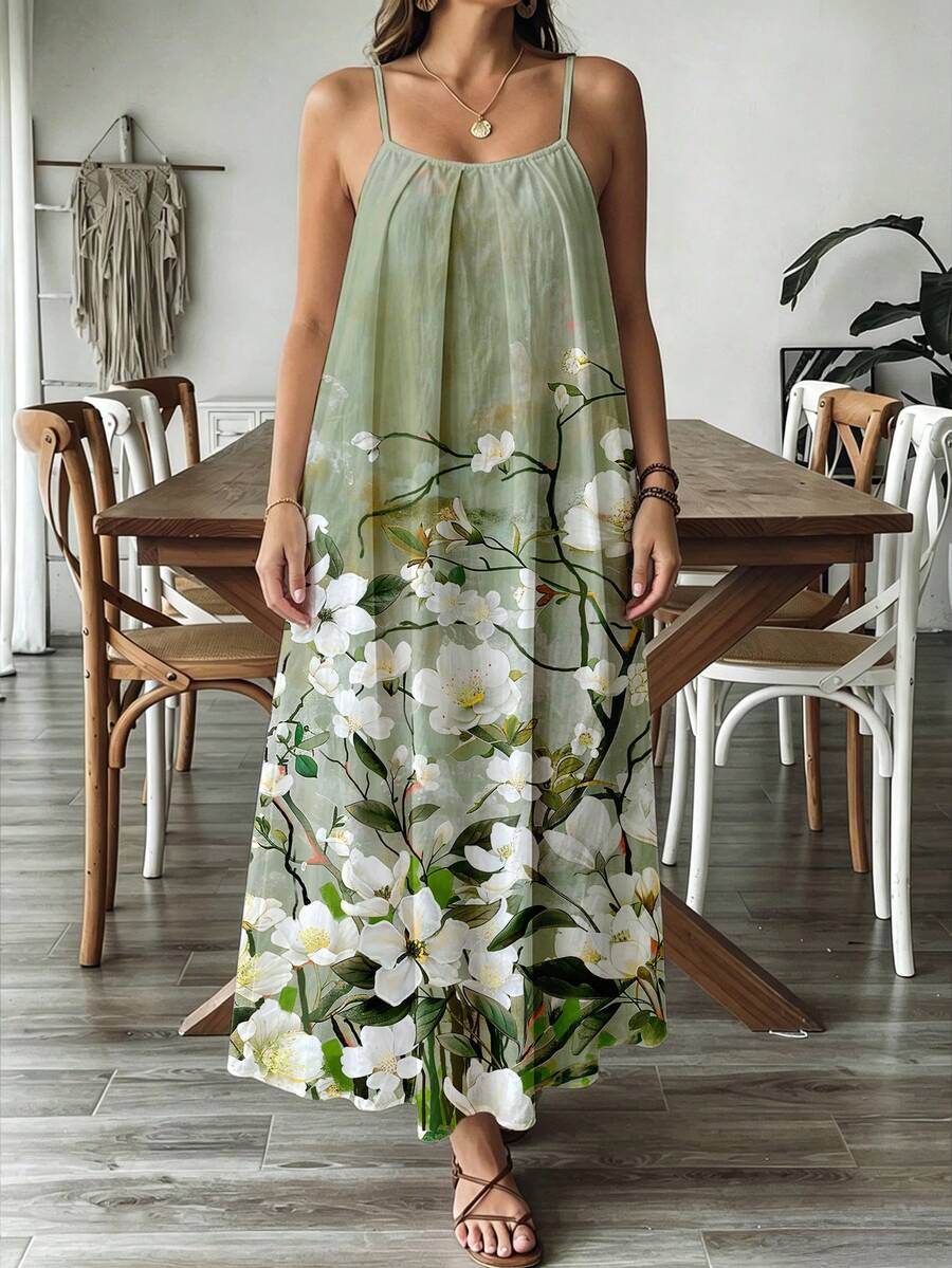 SHEIN VCAY Đầm maxi nữ phong cách vintage đi nghỉ dưỡng | Họa tiết hoa mộc lan màu xanh nhạt, dây đeo mảnh - Đầm dài dáng rộng xếp ly bay bổng có túi, đồ mặc đi biển thường ngày - Nhiều màu - Xem 1