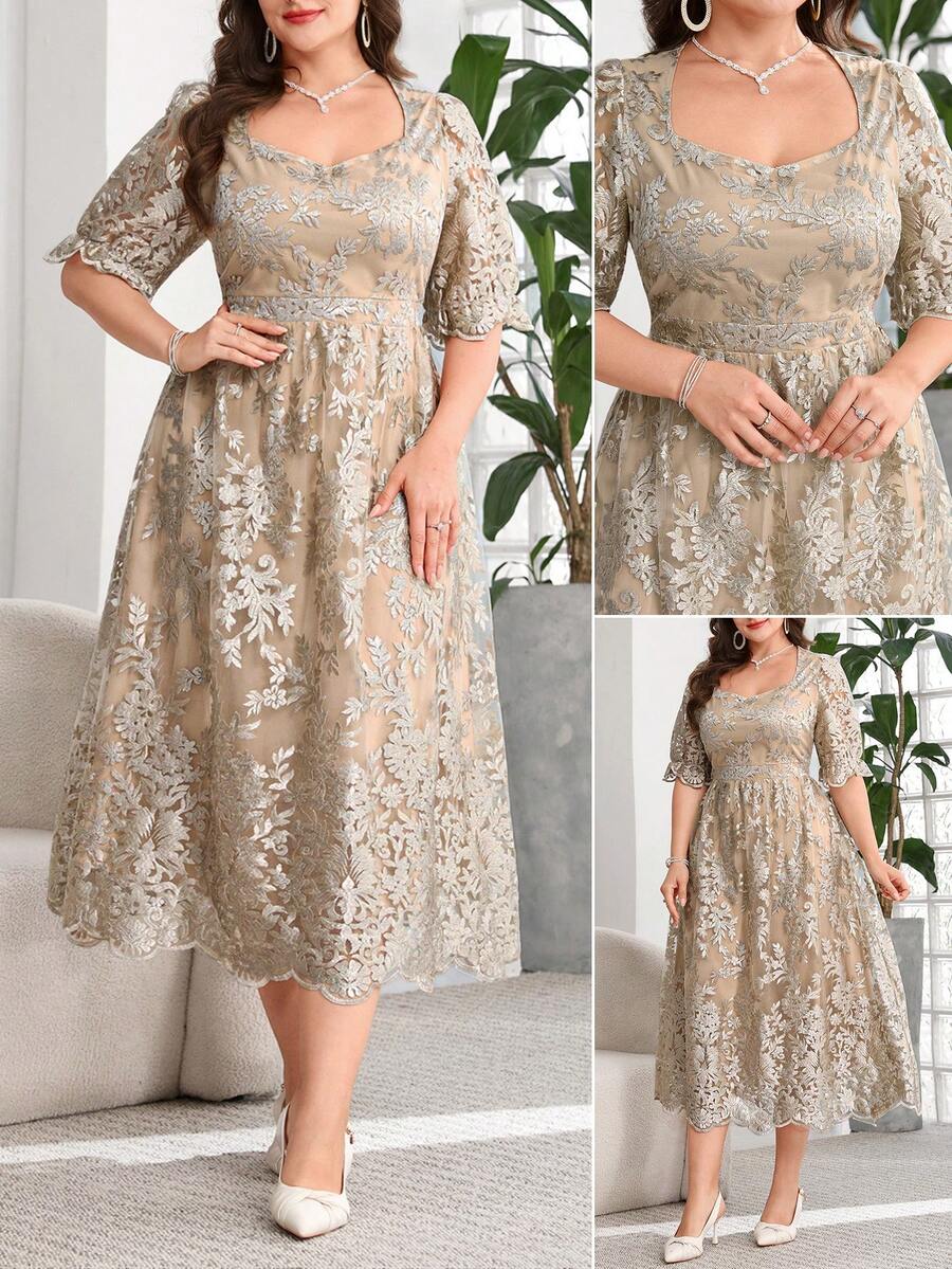 SHEIN Clasi Đầm ngắn tay thanh lịch bằng vải lưới jacquard cỡ lớn dành cho nữ. - Màu be - Xem 1