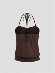 SHEIN EZwear 復古優雅掛脖設計串珠鏈飾短版上衣，性感美式風格，適合夏季度假 - 棕色 - 查看 3