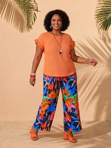 EMERY ROSE Plus Size Women's Spring/Summer Beach Vacation Solid Color Ruffle Sleeve Top And Botanical Print Wide Leg Pants 2-Piece Set Burnt Orange Black Boho - Multicolor - View 4