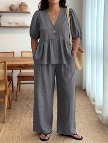Enliva Conjunto de dos piezas para mujer talla grande con mangas abullonadas con volantes, top con cuello en V y pantalones con cintura elástica, para Body tipo manzana y redondeado - Gris - Ver 5