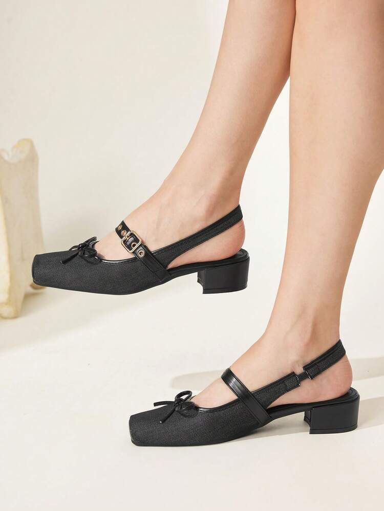 CUCCOO CHICEST Women Shoes Spring And Summer New Black Bow Buckle Elegant Fashion Square Toe Thick Heel Short Heel Sexy Gorgeous Women High Heel Shoes Commuting Home Outdoor Vacation Dating Party