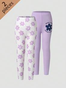 Young Girl' Purple Floral Print Elastic Waist Leggings 2 Pieces Set - Multicolor - View 4