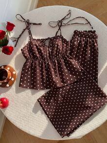 Solflare Plus Size Brown Polka Dot Sleeveless Ruffle Hem Loose 2 Pieces Set, Summer - Brown - View 7