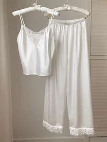 Comfortcana Contrast Lace Cami Top & Pants PJ Set / Pajama Set White Set White Sets - White - View 7