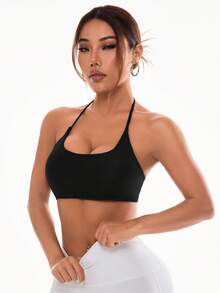 SHEIN Sports 女式圓領無鋼圈十字背後頸帶時尚運動內衣 - 黑色 - 查看 8