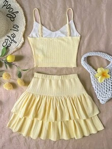 SHEIN Tween Girl Casual Daily Fashion Textured Camisole Top With Layered Skirt, Yellow Textured - Yellow - View 2
