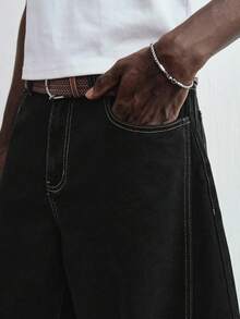 ROMWE MEN Street Life Men's Wide Leg Jeans With Plane Buckle And Slant Pockets - Black - View 5