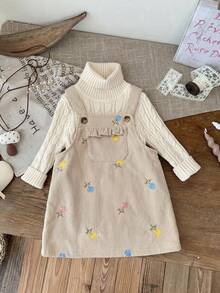 SHEIN LMoss Kids 女嬰編織花卉圖案吊帶洋裝 - 粉色 - 查看 3