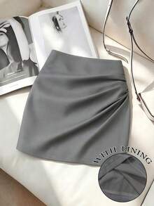SHEIN Clasi Women's Solid Color Pleated Casual Elegant Versatile Date Travel Skirt Grey Autumn - Grey - View 1