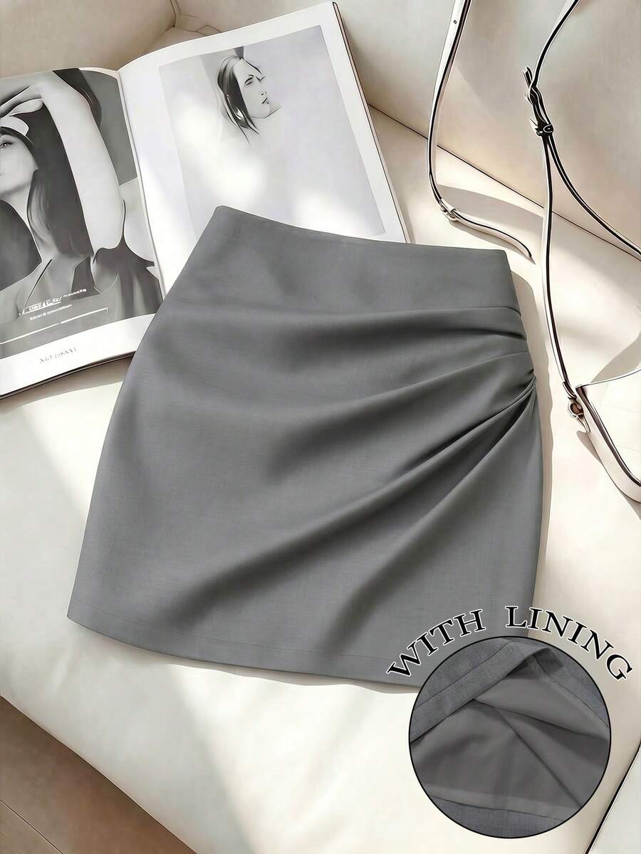 SHEIN Clasi Women's Solid Color Pleated Casual Elegant Versatile Date Travel Skirt Grey Autumn - Grey - View 1