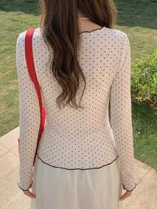 DAZY Women's Polka Dot Sheer Long Sleeve Crew Neck Undershirt, Spring/Summer - Apricot - View 5