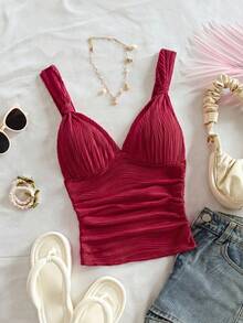 Soleia Casual Romantic Vacation Plain Color Twist Pleat Red Camisole Christmas Valentine's Day New Year,Summer Top No Chest Padding - Red - View 7