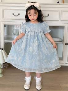 Dazy Kids 女童刺绣梭织短袖连衣裙，春夏款 - 藍色 - 查看 3