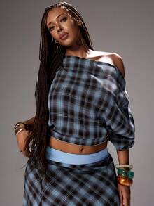 Rustia Plus Size Spring/Summer Plaid Asymmetric Neck Top And Slit Skirt 2-Piece Set - Blue - View 4