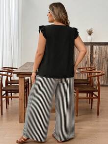 SHEIN CURVE+ Plus Size Women's Solid Color Round Neck Top And Striped Long Pants Casual Daily Two Pieces Set - White - View 2