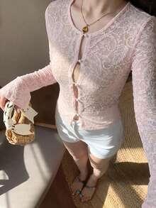 DAZY 女款素色短版修身紋理布料喇叭袖長袖休閒度假春夏季T恤 - 粉色 - 查看 3