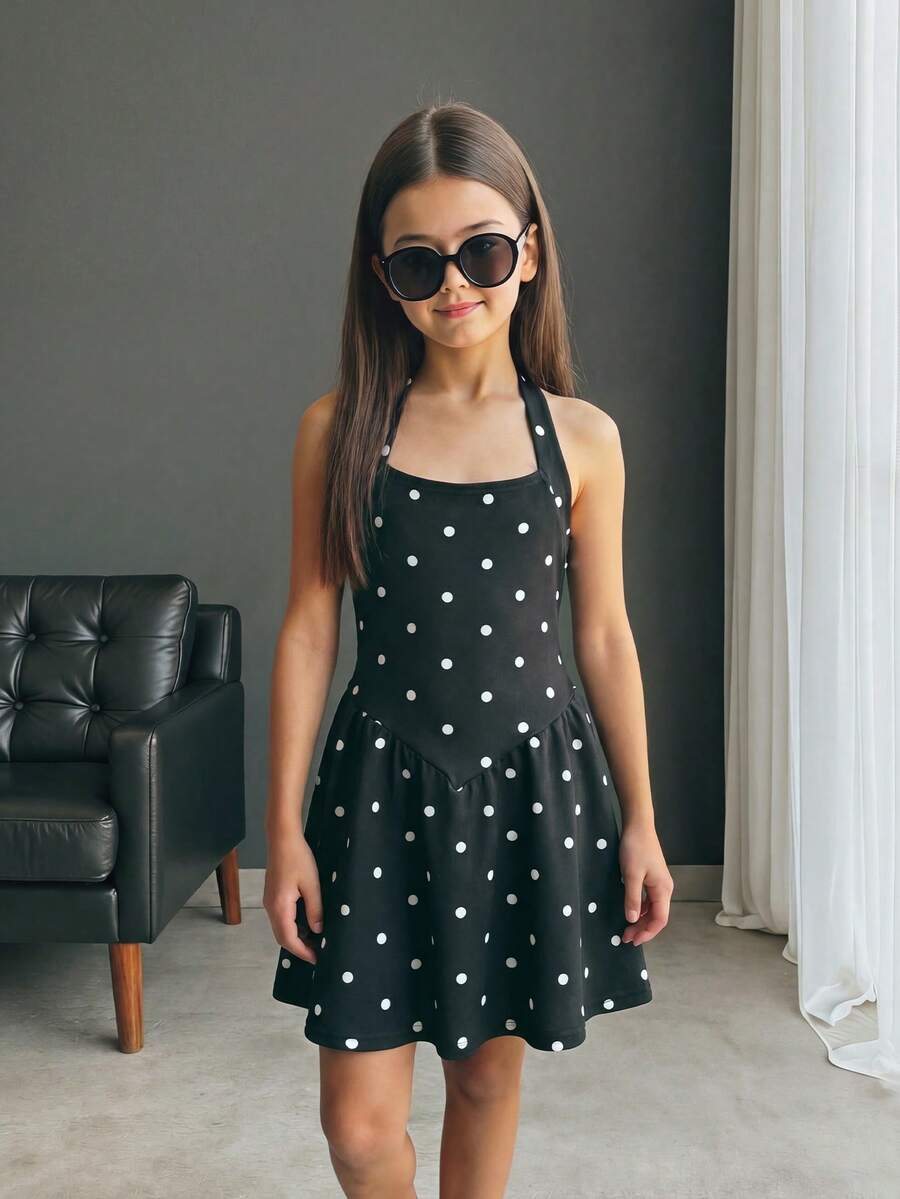 Firerie Kids Firerie Kids 青少年女孩休閒度假黑白圓點掛脖A字可愛洋裝 - 黑色 - 查看 1