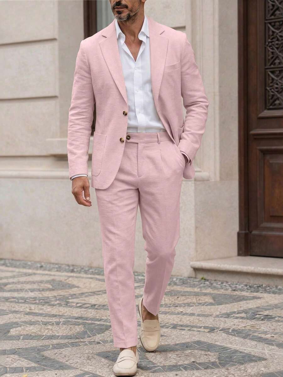 Manfinity Mode Men's Linen Suits,2 Pieces Light Pink Summer Casual Elegant Wedding Business Suit,Including Jacket And Trousers,Solid Color Semi-Formal Party Outfit - Pink - View 1