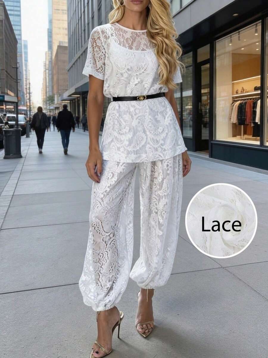 Editum Women's White Elegant Sexy Summer Lace Sheer Blouse Lantern Pants 2 Pieces Set, Chic Garden Party Golf Outfits, Boho Beach Vacation Holiday Clothing