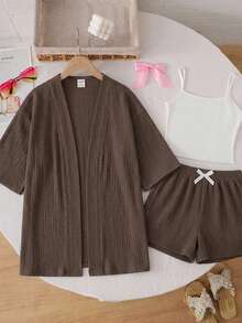 SHEIN 3件組 青少年女孩休閒度假風棕色與白色紋理針織上衣、背心與短褲套裝，春夏季 - 棕色 - 查看 4