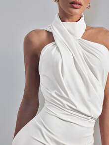 Hauture Women's One Shoulder Draped Casual Stretch Knit Dress Office Wear - White - View 5