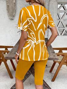 EMERY ROSE Damen Große Größen Blumenmuster Kurzarm Top und Shorts Lässig 2-teiliges Set - Senfgelb - Übersicht 7