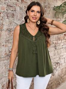 EMERY ROSE Plus Size Women Summer Casual Vacation Country Solid Color Pleated Casual Versatile Daily Wear Tank Top Green Vest,Country Concert Outfit,Festival Outfits For Women,Festa Junina - Army Green - View 6