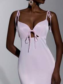 Elitara Elegant, Simple, Minimalist, Light Pink, Matte High-Elastic Satin, Handmade Bow, Back Appliqué, Halter Neck, Sexy V-Neck, Deep Backless Design, A-Line Skirt, Long Style. Suitable For All Weddings, Formal Occasions, Dates, Parties, Birthday Parties, And Bridesmaid Dresses. - Baby Pink - View 5