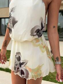 Mélanie ORL 女款黃色優雅花卉印花露背迷你吊帶洋裝，夏季度假洋裝，性感黃色洋裝，約會派對度假洋裝 - 黃色 - 查看 4