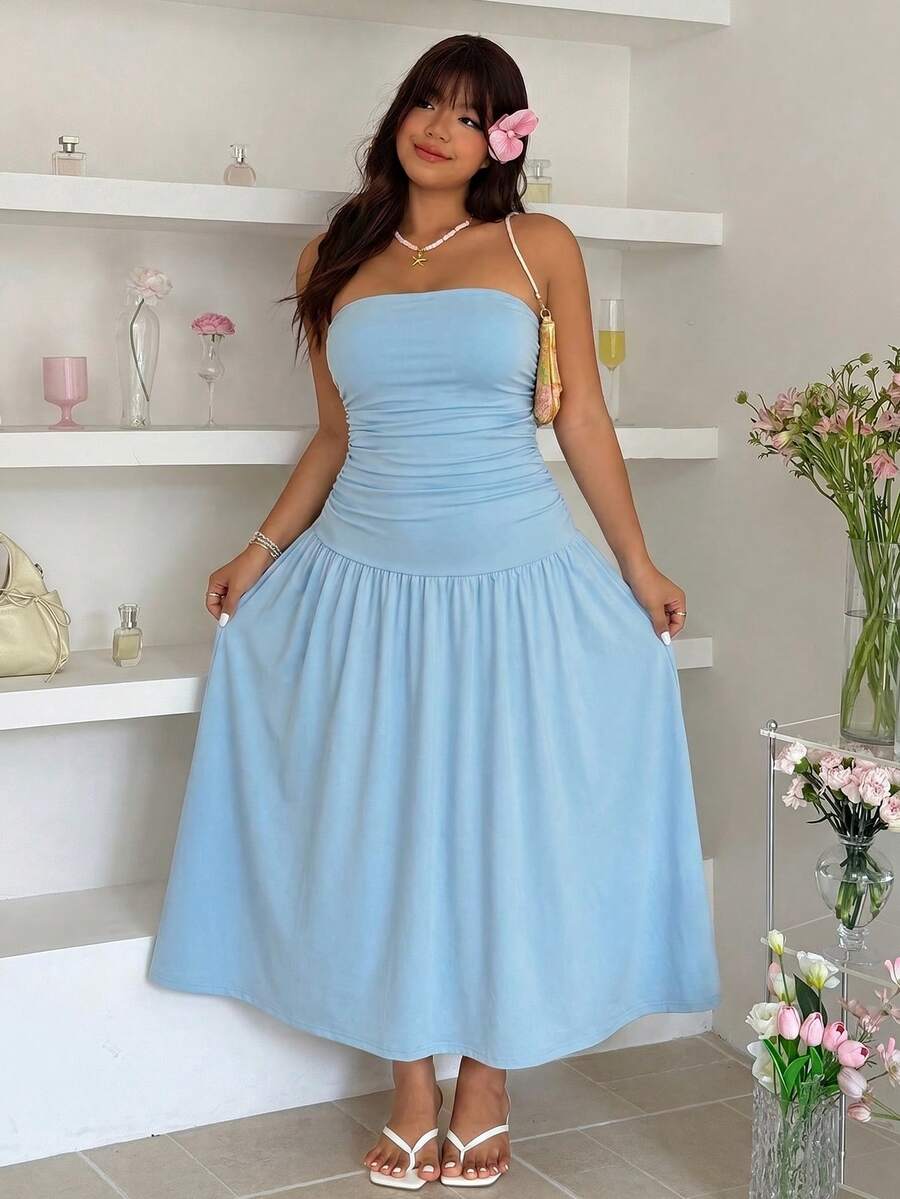 GalTyme Plus Size Women Summer Casual Vacation Style Solid Color Ruched Waist Bandeau Dress - Sky Blue - View 1