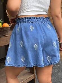 Breezaya Plus Size Women's Vacation Versatile Embroidered Tie-Up Casual Loose Denim Shorts - Blue - View 2