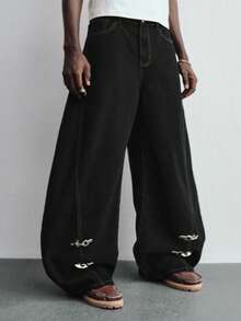 ROMWE MEN Street Life Men's Wide Leg Jeans With Plane Buckle And Slant Pockets - Black - View 6