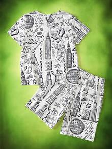 TEENAGE MUTANT NINJA TURTLES | SHEIN Conjunto de camiseta con estampado de letras y pantalones cortos para niño preadolescente, Adolescentes - Blanco - Ver 2