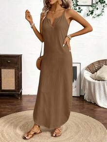 Breezaya Vertical Striped Multi-Colored Spaghetti Strap Dress Maxi Women Outfit - Coffee - View 4