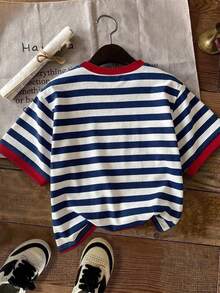 Divinelle Casual Minimalist Faux Craft Blue & Red Placement Print Round Neck Loose Short Sleeve T-Shirt For Women, Suitable For Spring/Summer - Multicolor - View 4