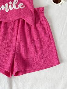 SHEIN Young Girl Casual Daily Criss-Cross Fitted Tank Top And Shorts Set - Hot Pink - View 5