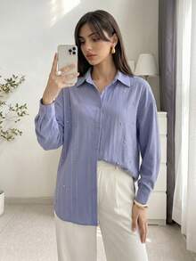 Solavon Damen Einfarbiges Hemd mit Knopfleiste, Loose Fit, Lange Ärmel, Drop-Shoulder - Graublau - Übersicht 3