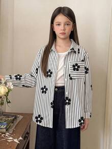 SHEIN Tween Girl Striped Lightweight Sun Protection Shirt, Spring & Summer,Holiday,Summer,Travel - Black and White - View 3