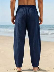 Manfinity Dauomo Pantalones largos casuales versátiles de unicolor para vacaciones para hombres - Azul Marino - Ver 2