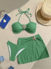 Soleia Women's Summer Beach Vacation Solid Color Textured Fabric Bandeau Bikini Set With Cover Up Skirt 3-Piece Set Green Tropical - Dark Green - View 5