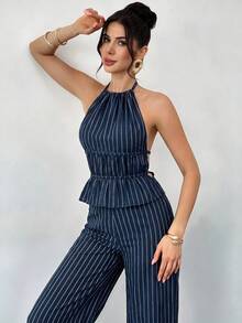 Firerie 女款優雅休閒時尚度假性感音樂節派對新款流行條紋掛脖露背綁帶背心上衣與高腰長褲棕色兩件套 - 藏蓝色 - 查看 7