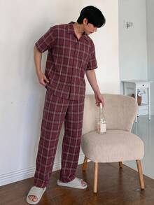 DAZY 男士格紋布料短袖睡衣套裝 夏季 - 酒紅色 - 查看 3