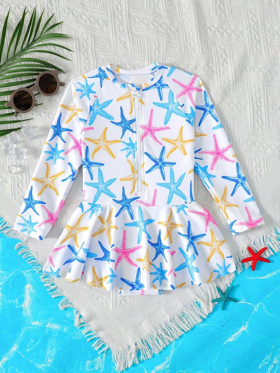 SHEIN 少女夏季休閒度假海星印花連身泳衣 - 藍色 - 查看 1