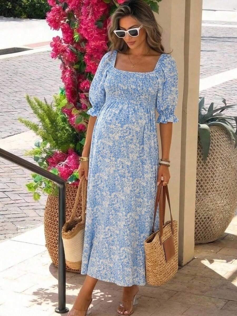 SHEIN 夏季孕妇休闲碎花方领连衣裙 - 藍白色 - 查看 1