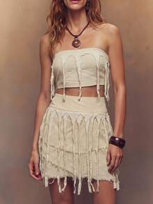 Fembélia Women's Solid Color Fashion Versatile Date & Outing Tube Top - Apricot - View 1