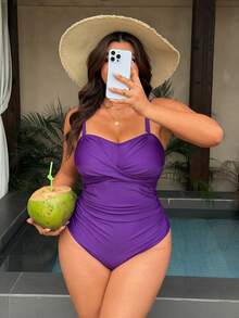 Swim Chiccia 2026 New Arrival Purple Solid One-Piece Swimsuit,Removable Pads,Adjustable Straps, Criss-Cross Front,Ruched Summer Tropical Beach Holiday - Purple - View 8