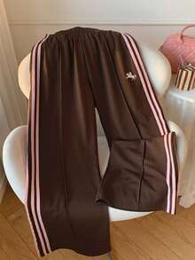 Muchica Patchwork Striped Elastic Waist Brown Checkered Knit Wide Leg Sweatpants Daily Summer Sporty - Multicolor - View 7