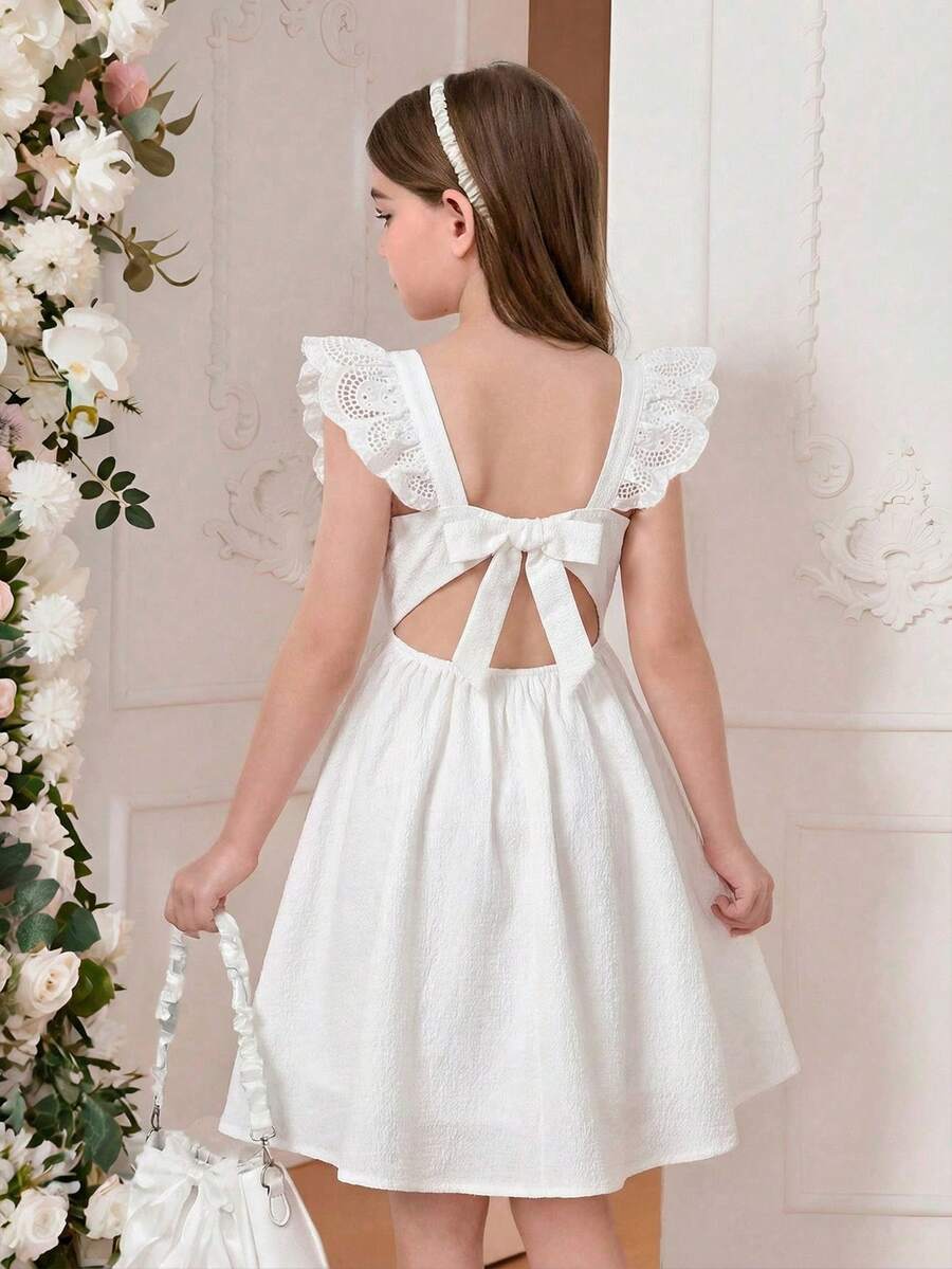 SHEIN 少女編織白色夏季可愛優雅婚紗禮服,蕾絲荷葉邊修身聖餐泡泡裙,少女俏皮魅力女裝 - 白色 - 查看 1