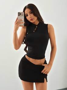 SHEIN PETITE Áo tank top cổ sườn xám kiểu Trung Quốc cổ điển dành cho nữ, màu đen, kiểu áo chui đầu thoải mái, thích hợp cho kỳ nghỉ, du lịch, áo nữ thanh lịch, áo mặc hàng ngày đi làm. Áo không tay màu đen, áo cổ cao, áo hè màu đen. - màu đen - Xem 7